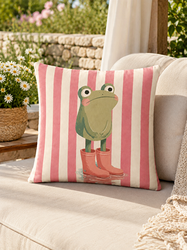 Evmila Kurbağa Figürlü Pembe Çizgili Dekoratif Kırlent Kılıfı 43x43 cm Yazlık Ev Dekoru