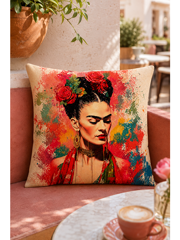 Evmila Renkli Kadın Portre Çiçekli Dekoratif Kırlent Kılıfı Bohem Sanatsal Dekor 43x43 cm