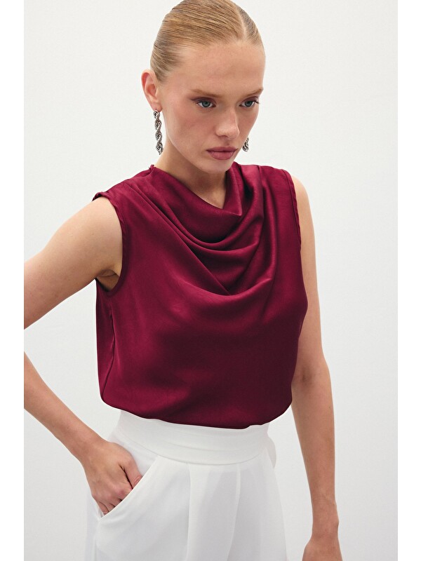 SATEEN Degaje Yaka Saten Bluz - Bordo