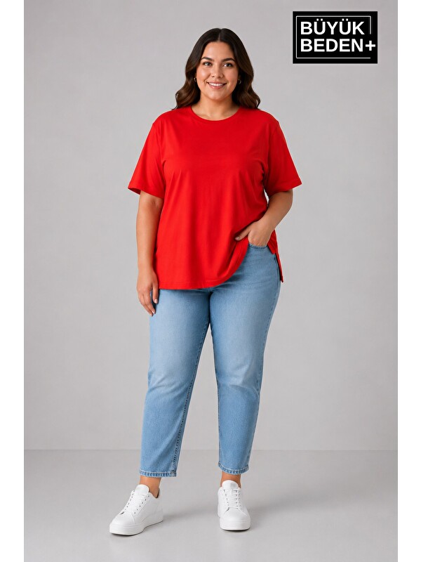 Süperlife Büyük Beden Kadın Bisiklet Yaka Yırtmaç Detaylı 3XL-6XL Tunik Tişört SPR26BTSK501