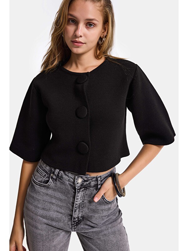 It's Basic Kadın Siyah w6-1 Büyük Düğmeli Kemer Boy Crop Cardigan Tasarım Triko Hırka