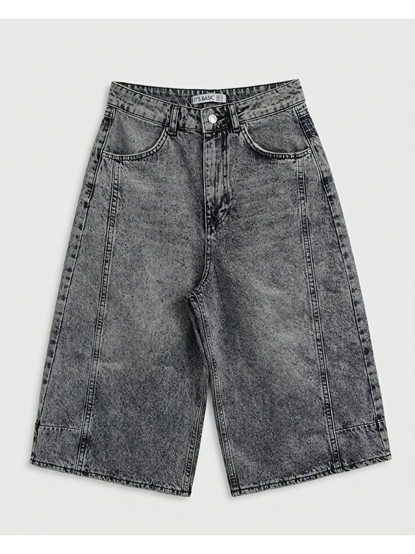 It's Basic Kadın Gri Renk 4s6-13 Mega Baggy Fit Paça ve Cep Detaylı Özel Tasarım Denim Şort
