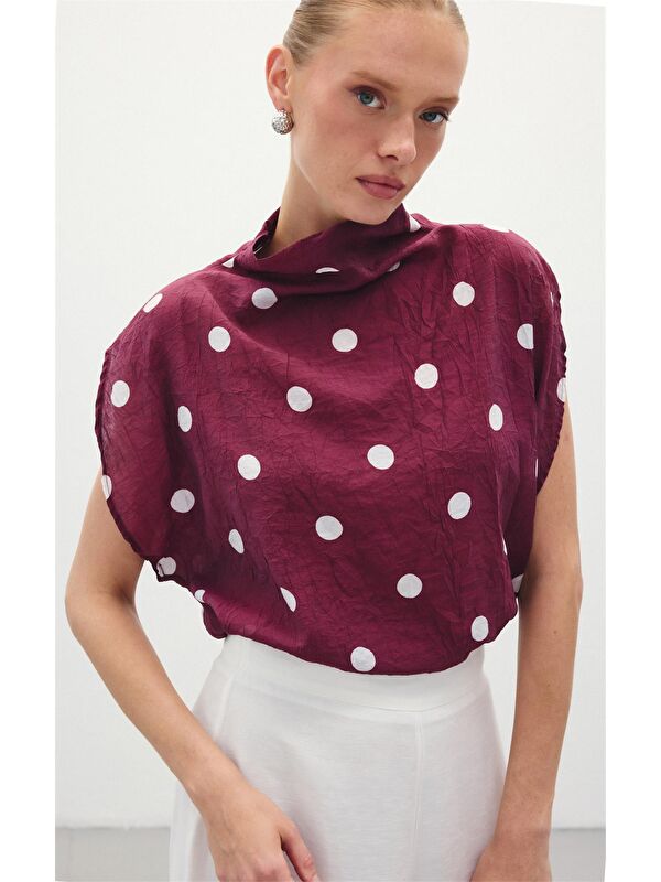SATEEN Puantiye Desenli Bluz - Bordo