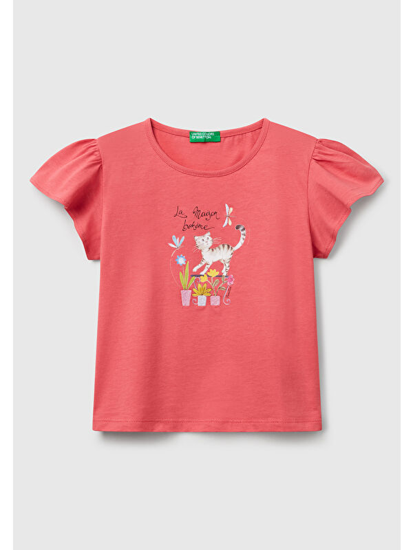 United Colors Of Benetton Kız Çocuk Fuşya Nakışlı ve Baskılı Kolu Fırfırlı Regular Fit Tişört