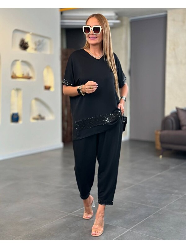 Jane's Kadın Kısa Kollu V Yakalı Pul Payetli Viskon Iki Iplik Bluz Ve Pantolon Ikili Takım