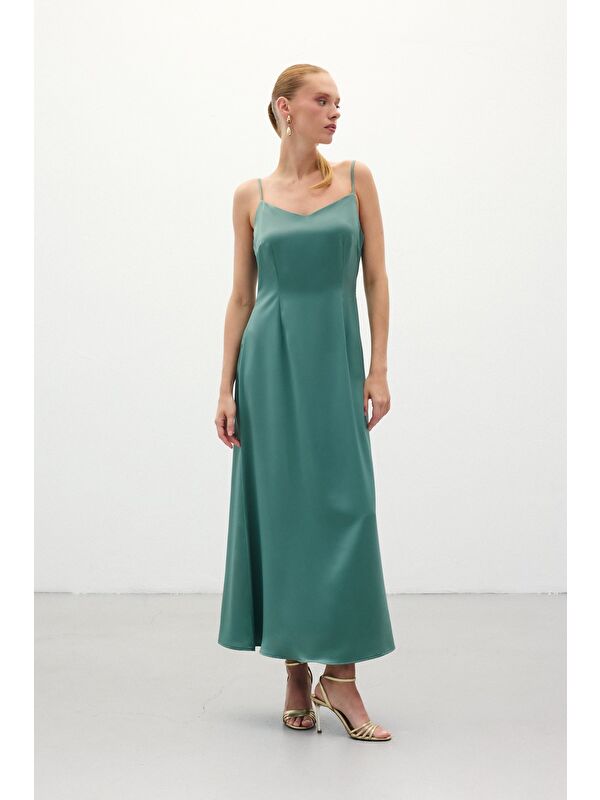 SATEEN Askılı Uzun Saten Elbise - Mint