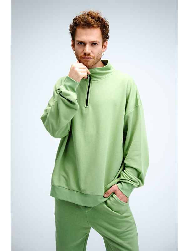 gothamVibes Erkek Timeless Fermuarlı Fıstık Yeşili  Sweatshirt