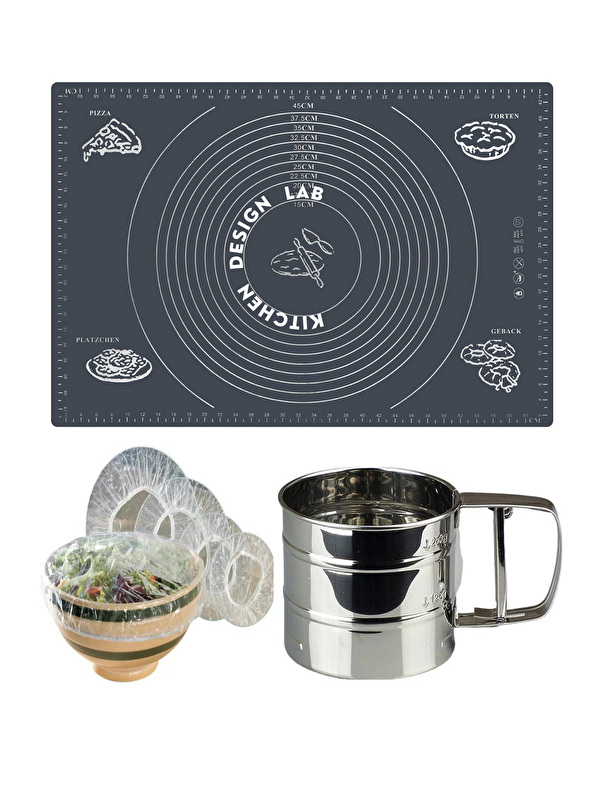 Kitchen Design Lab Gri 45x65 Cm Silikon Hamur Açma Matı, Çelik Un Eleği ve Hamur Dinlendirme Poşeti 8 li