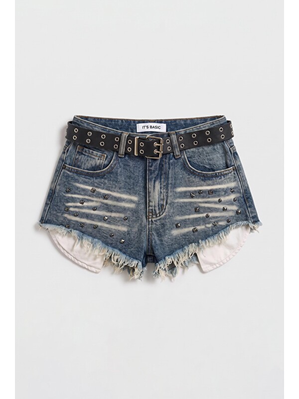 It's Basic Kadın Jean Rengi Droplu Kemerli Özel Tasarım Denim Şort