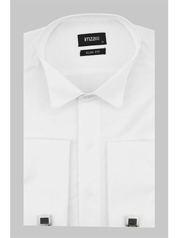 İMZA Beyaz Uzun Kollu Bez Ayağı Ata Yaka Cepsiz Pamuklu Basic Slim Fit Dar Kesim Gömlek 1004230060