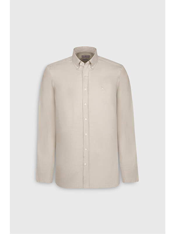 Altınyıldız Classics Erkek Bej %100 Pamuk Oxford Slim Fit Dar Kesim Düğmeli Yaka Diagonal Desenli Gömlek
