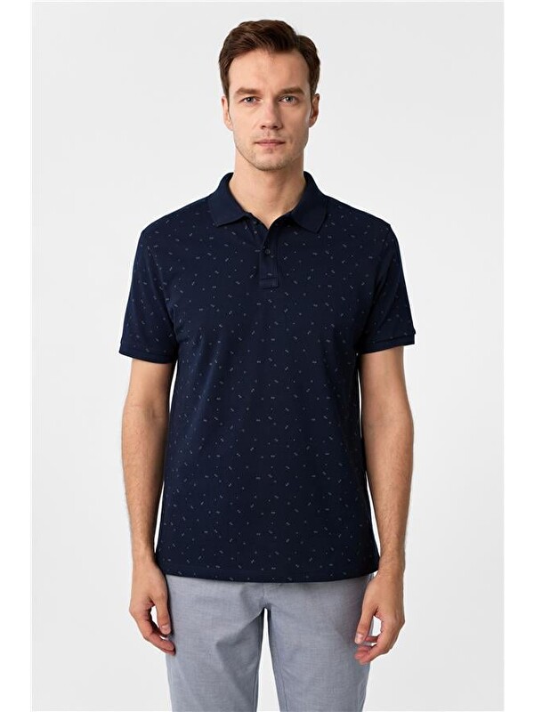 Süvari Lacivert Regular Baskılı Polo Yaka Tişört