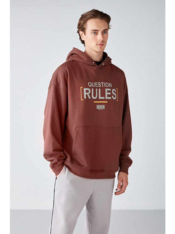 GRIMELANGE MOOD Erkek İçi Polarlı Yazı Baskılı Yakası Çıtçıtlı Kapüşonlu KAHVERENGİ Sweatshirt
