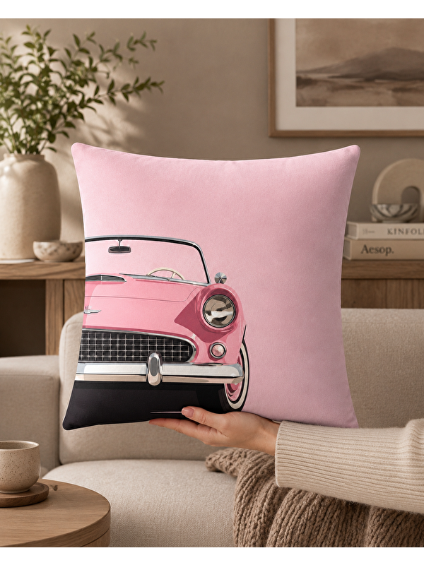 Evmila Vintage Pembe Otomobil Baskılı Dekoratif Kırlent Kılıfı 43x43 cm Retro Salon Dekoru