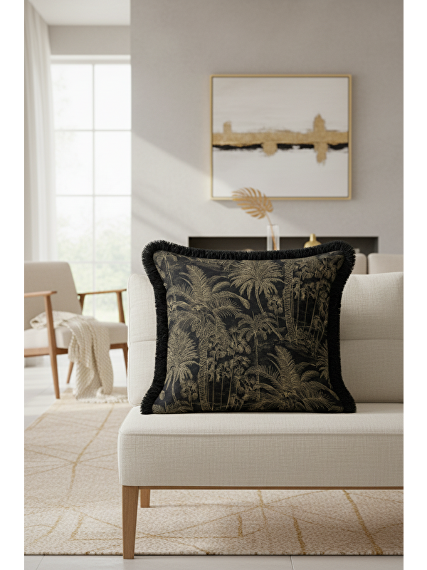 Milbay Grup Palmiye Elegan Saçaklı Yastık Kılıfı - Tropikal Lüks Bohem Siyah Altın Renk Püsküllü Kırlent Kılıfı