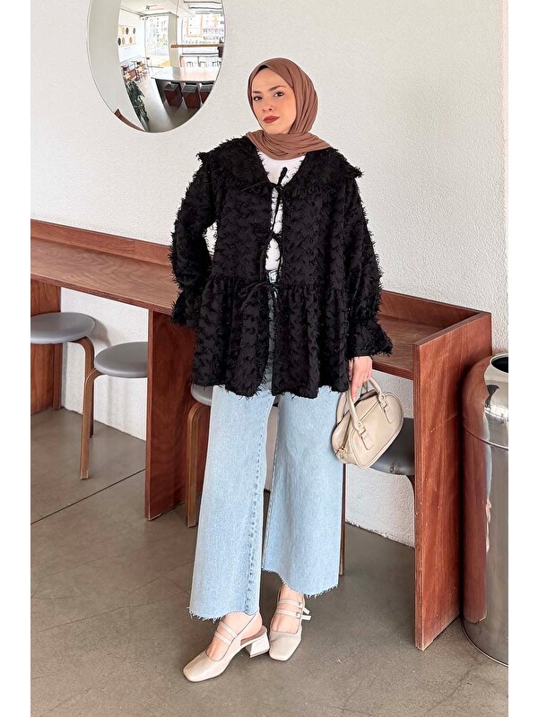Lamelif Püskül Detaylı Bağlamalı Tunik Siyah