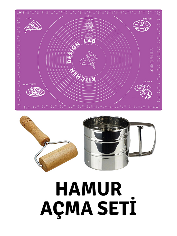 Kitchen Design Lab Mor 45x65 Cm Silikon Hamur Açma Matı, Çelik Un Eleği ve Ahşap Saplı Hamur Açıcı