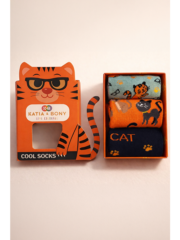Katia And Bony Çocuk 3D Kedi Desenli Kutulu 3'Lü Soket Çorap
