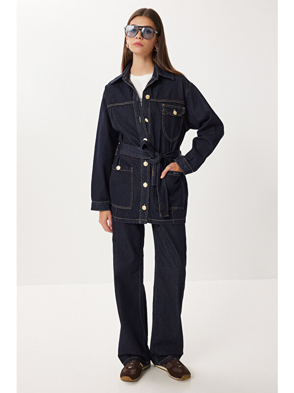 Happiness İstanbul Gold Düğmeli Kuşaklı Denim Ceket Pantolon Takım KOYU MAVİ LRI0010
