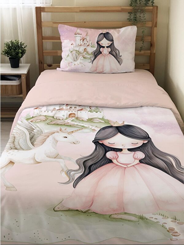 Evmila Masal Prensesi Desenli Çarşafsız 2'li Takım Baskılı Tek Kişilik Nevresim Takımı 160x220 cm