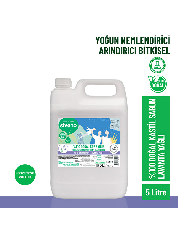 Siveno %100 Doğal Sıvı Kastil Sabun Lavanta Yağlı Yoğun Nemlendirici Arındırıcı Bitkisel Vegan 5000 ml