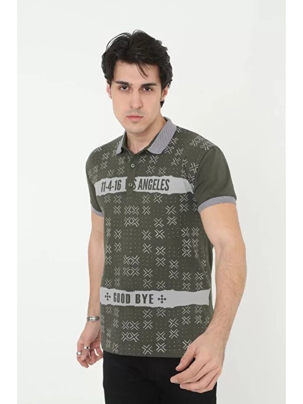 Jane's Erkek Yakalı Slim Fit Baskılı Tişört - Haki
