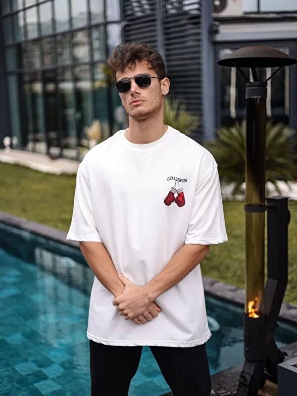 Jane's Unisex Bisiklet Yaka Baskılı Oversize T-Shirt - Beyaz