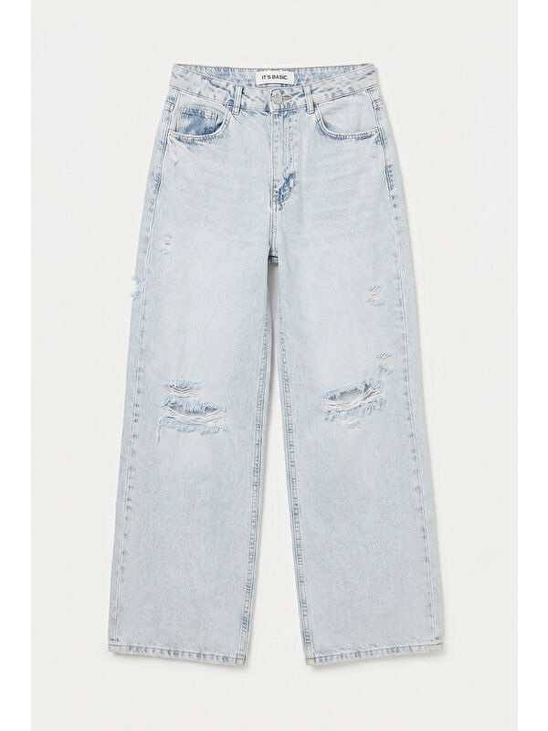 It's Basic Kadın Jean Rengi 12s6-100 Süper Baggy Fit Yırtık Detaylı Denim Jean