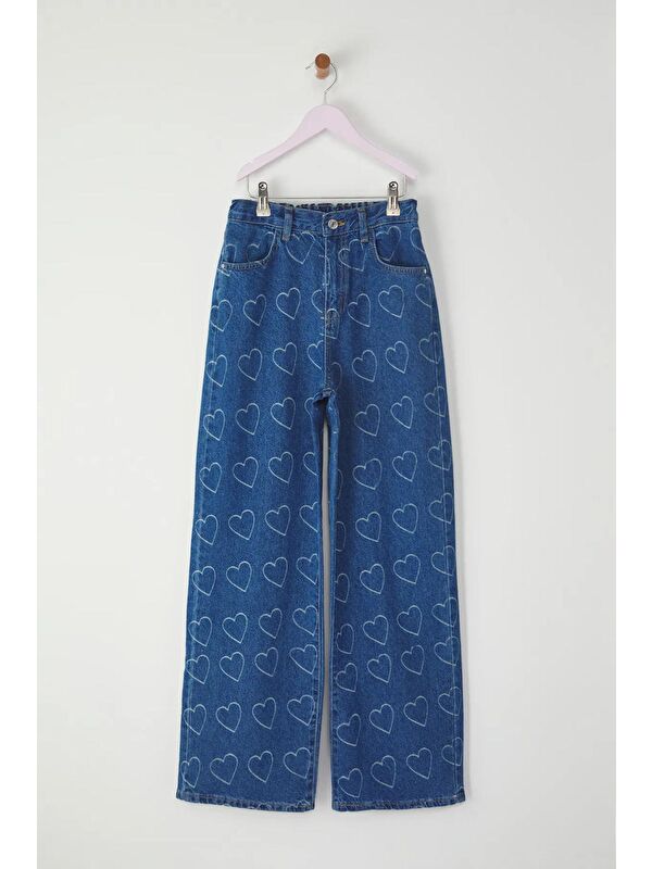 A.S.L GOLF CLUB Kız Çocuk %100 Pamuk Kalp Desenli Flare Geniş Paça Jean Pantolon Denim 3-14 YAŞ