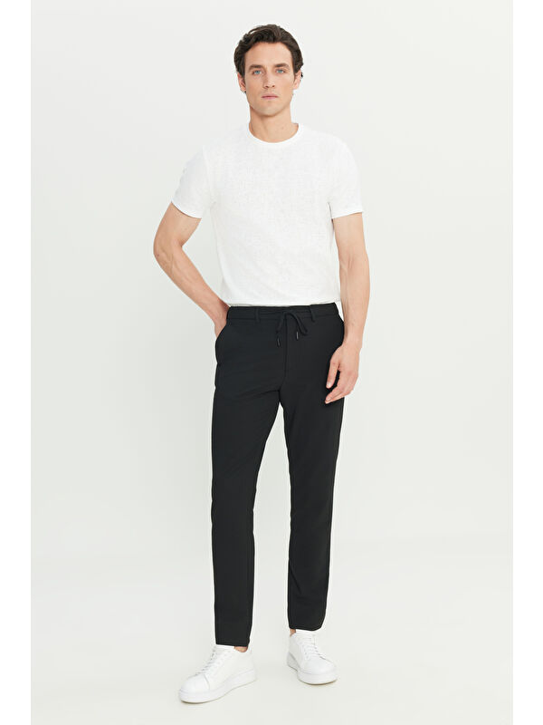 Altınyıldız Classics Erkek Siyah Slim Fit Dar Kesim Gofre Desenli Beli Bağlamalı Yan Cepli Travel Casual Pantolon