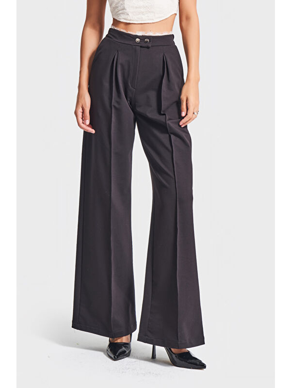It's Basic Kadın Siyah Renk w5-1 Palazzo Fit Esnek Kumaş Kemeri Dantel Detaylı Pantolon