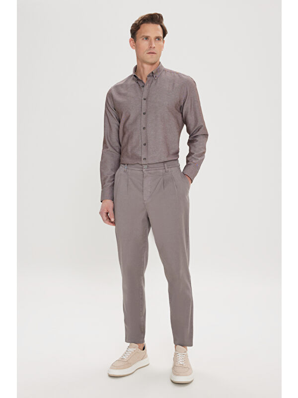 Altınyıldız Classics Erkek Gri Pamuklu Slim Fit Dar Kesim Yan Cepli Pileli Casual Pantolon