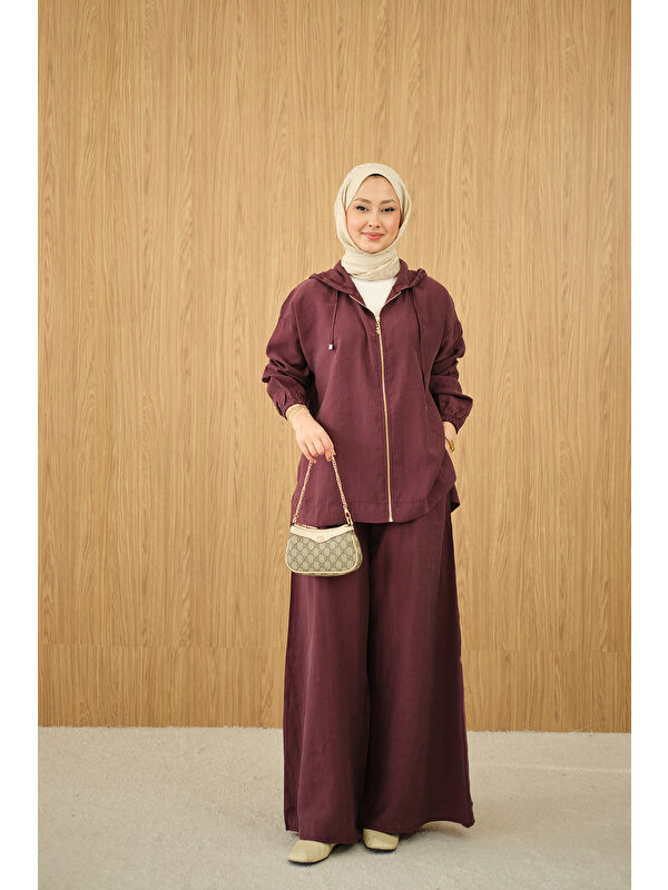 Locco Moda Kadın Bol Paça Fermuarlı Takım Bordo