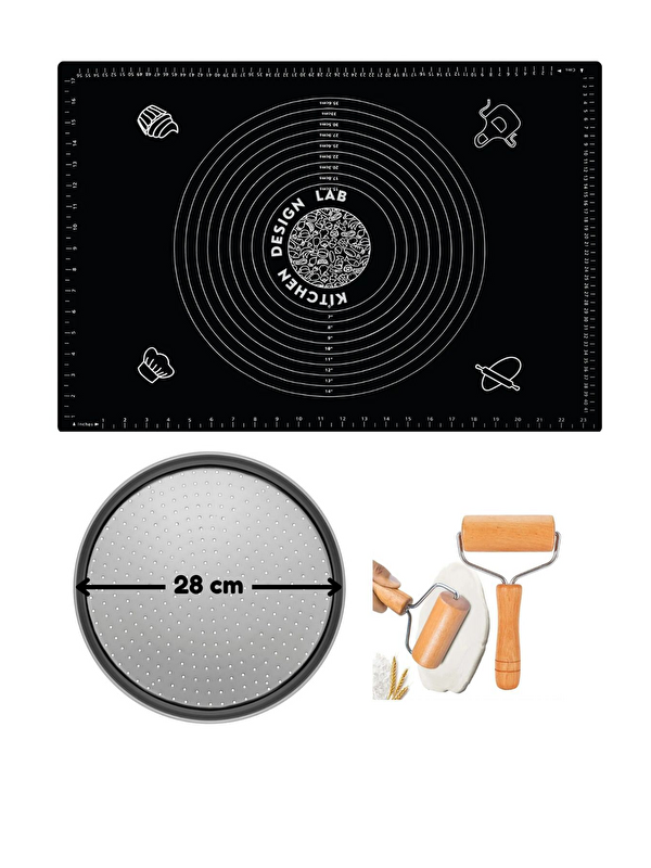 Kitchen Design Lab Siyah Silikon Hamur Açma Matı 45 X 65 Cm, 28 Cm Pizza Tepsisi Ve Ahşap Saplı Hamur Açıcı