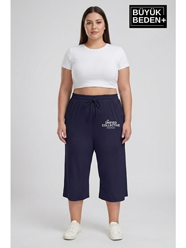 Süperlife Kadın Büyük Beden Unified Collective Baskılı Beli Lastikli Bol Paça Kapri Şort 3XL-6XL SPR26BSRK591-