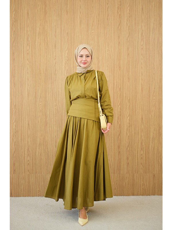 Locco Moda Kadın Gizli Düğmeli Beli Kuşaklı Gömlek Yaka Takım Yağ Yeşil