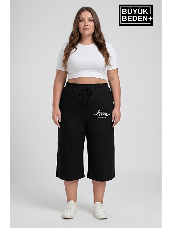 Süperlife Kadın Büyük Beden Unified Collective Baskılı Beli Lastikli Bol Paça Kapri Şort 3XL-6XL SPR26BSRK591-