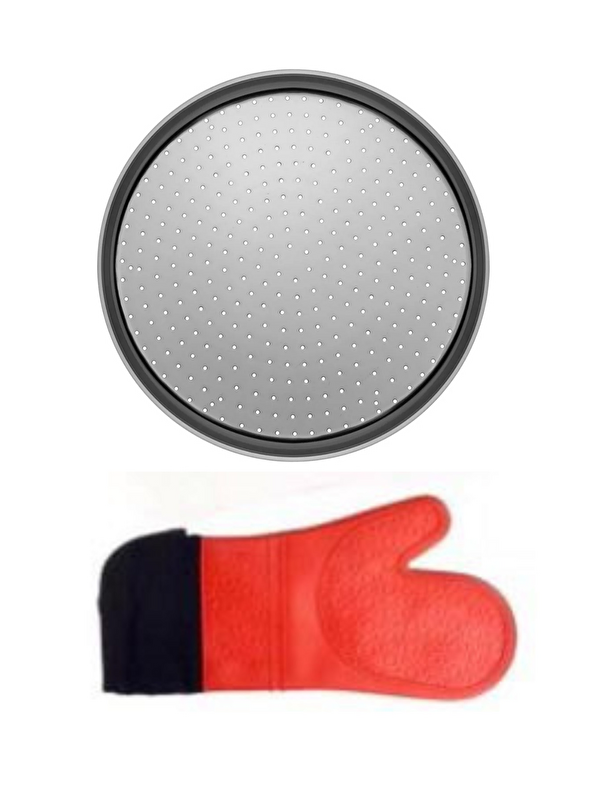 Kitchen Design Lab Orta Boy Delikli Pizza Tepsisi Lahmacun Pide Tepsisi 32 Cm Ve Kırmızı Silikon Yanmaz Fırın Eldiveni