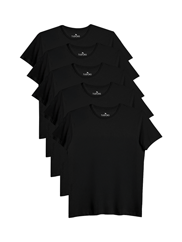 TUDORS Unisex 5'li Paket Siyah Slim Fit Dar Kesim %100 Pamuk Bisiklet Yaka Tişört
