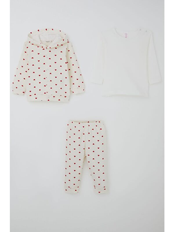 Breeze Kız Bebek Bodyli 3 Lü Takım Kalp Desenli Önden Çıtçıtlı Krem (4 Ay-1 Yaş)