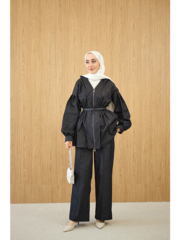 Locco Moda Kadın Beli Lastik Detay V Yaka Kemerli Takım Lacivert