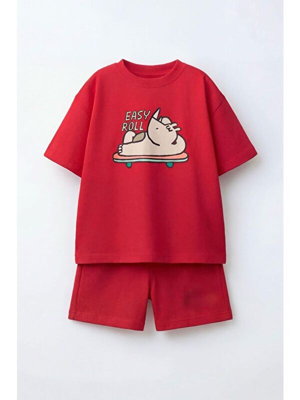 Monila Erkek Çocuk Pamuklu Kırmızı Gergedan Baskılı T-Shirt Ve Şort Alt Üst Takım