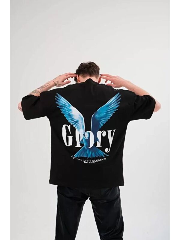 Jane's Unisex Bisiklet Yaka Baskılı Oversize T-Shirt - Siyah