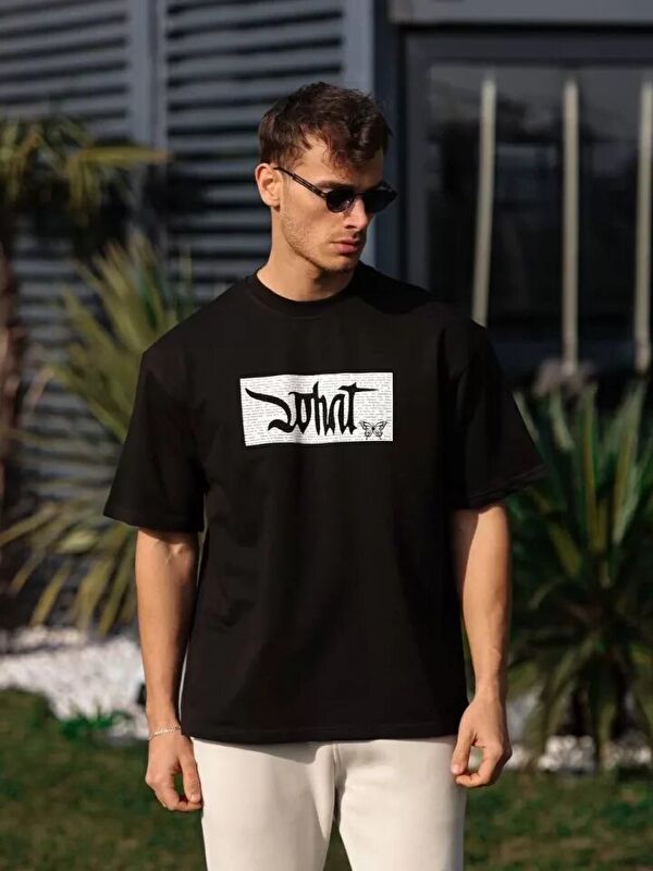 Jane's Unisex Bisiklet Yaka Baskılı Oversize T-Shirt - Siyah