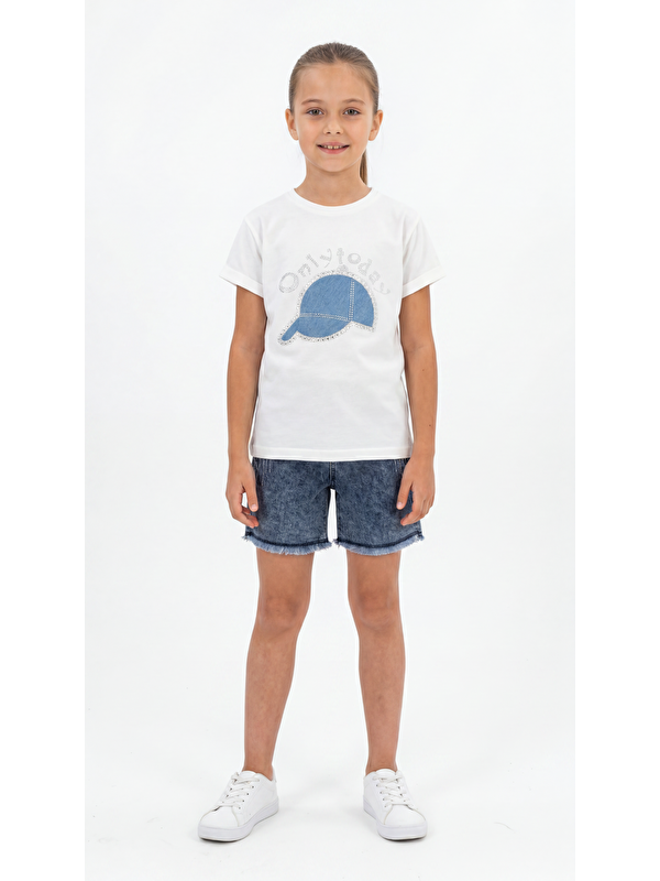Mışıl Kids Onlytoday Baskılı Taşlı Kız Çocuk Tişört-Kot Şort Takım