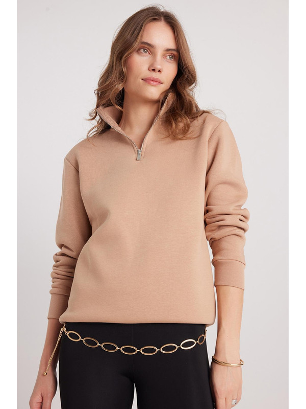 TUDORS Kadın Relax Fit Rahat Kesim Pamuklu İçi Polarlı Yarım Fermuarlı Taş Renk Dik Yaka Sweatshirt