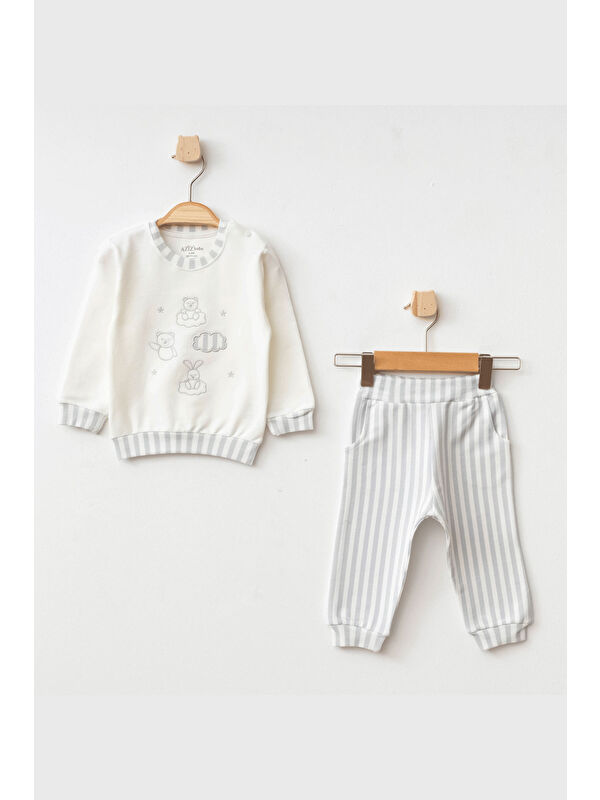 AZİZ BEBE Erkek Bebek Nakışlı Sweatshirt Pantolon 2 'li Alt Üst Bebek Takımı 3 Ay - 36 Ay