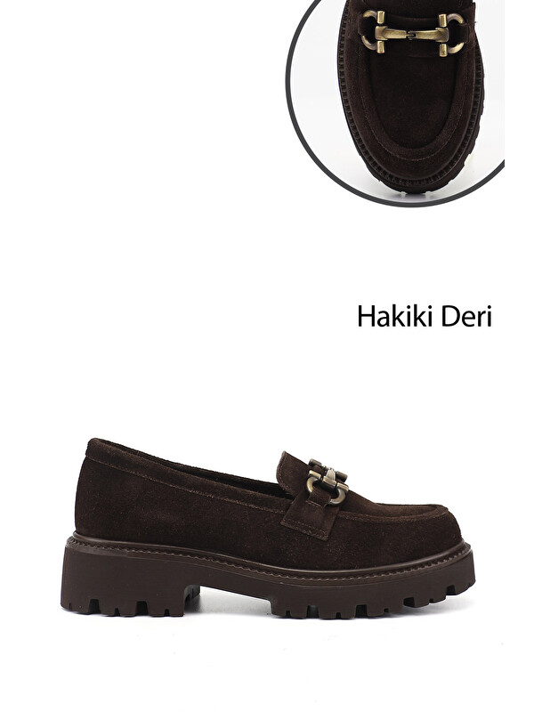 GÖNDERİ(R) Kadın KOYU KAHVE Kalın Topuklu Tokalı Hakiki Deri Loafer Ayakkabı