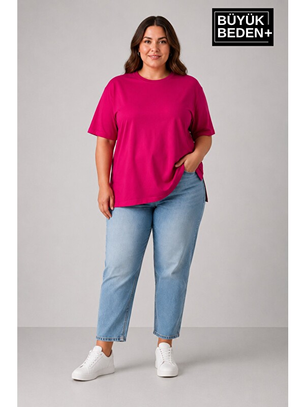 Süperlife Büyük Beden Kadın Bisiklet Yaka Yırtmaç Detaylı 3XL-6XL Tunik Tişört SPR26BTSK501