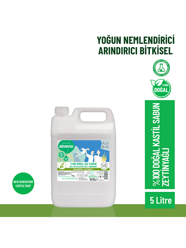 Siveno %100 Doğal Sıvı Kastil Sabun Zeytinyağlı Yoğun Nemlendirici Bitkisel Vegan 5000 ml